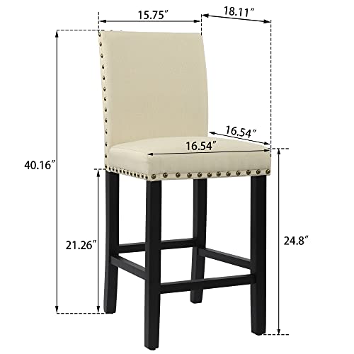 Gotminsi Nailhead 24 Inches Counter Height Stools Upholstered Bar Stools With Solid Wood Legs, Set Of 2 (Beige) #TOP2