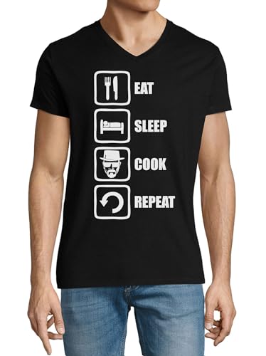T-shirt col en V noir homme Eat Sleep Cook Repeat idéal pour cuisiner à la maison