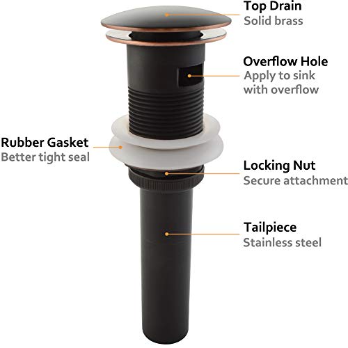 Bathroom Sink Drain, Angle Simple Brass Pop Up Drain Stopper, Vessel Sink Drain with Overflow, Lavatory Vanity Sink Drain Stoppers Oil-Rubbed Bronze