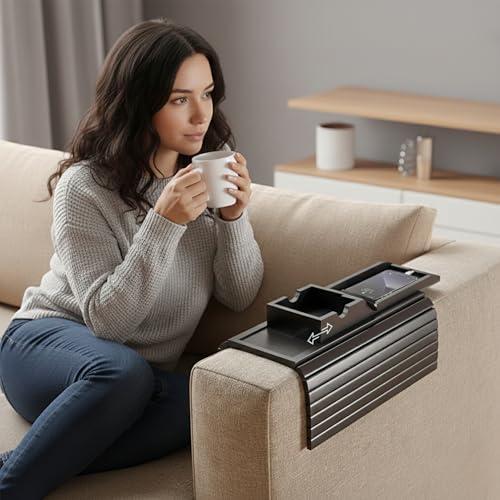 Image of Home Sparkle Premium Couch Armrest Tray Black 2-in-1 | Engineered Wood Sofa Arm Organizer with Cup Holder & Phone Stand | Foldable Anti-Slip Serving Tray for Coffee, Snacks & TV Time