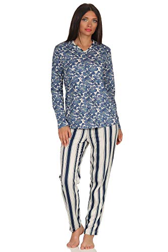 Conjunto de pijama de manga larga para mujer, parte inferior a rayas, estampado floral, azul, S