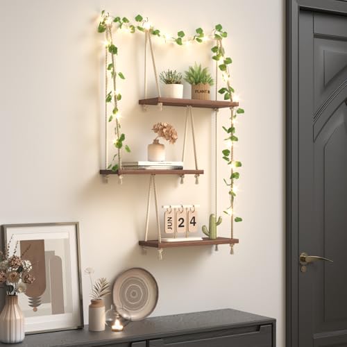 Rustic Boho Hanging Shelves with Vine Lights – Wall Decor Accent - Image 6
