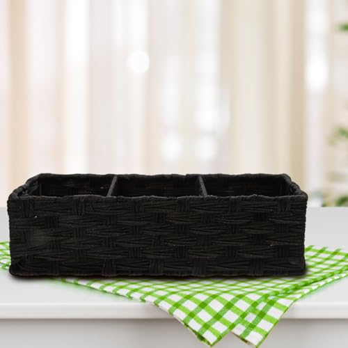 Zerodeko Black Wicker Storage Box with 3 Compartments Lightweight Rectangular Desktop Organizer for Kitchen Home Office and Study Storage - Cosy Home Interiors Zerodeko Black Wicker Storage Box with 3 Compartments Lightweight Rectangular Desktop Organizer for Kitchen Home Office and Study Storage - Image 5