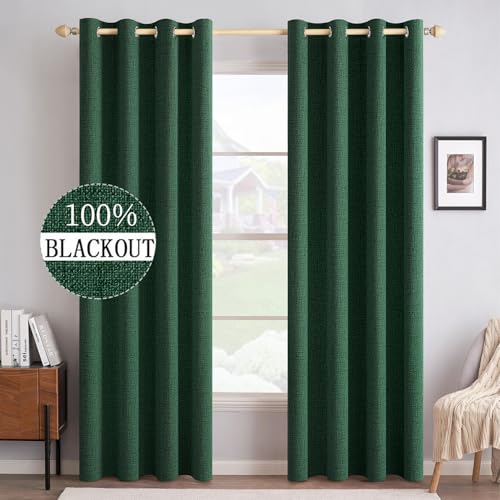Image of MIULEE Linen Curtains for Bedroom 100% Blackout Thermal Insulated Emerald Green Grommet Room Darkening Curtains & Drapes Christmas Decor for Living Room 52 x 90 Inch (2 Panels)