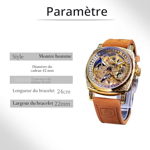 FORSINING Montre pour Homme Tendance Classique Squelette carré Transparent Automatique mécanique Bracelet Cuir Lumineux étanche, Golden 1, Sangle – vue 4