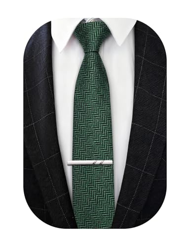 Image of Barry.Wang Skinny Ties for Men Wool Blend Herringbone Necktie with Tie Clip | Tie and Tie Clip Set, Cashmere Wool Stripe, 2.76 x 63 Inches, Extra Long Slim, Wedding Work Party Classic