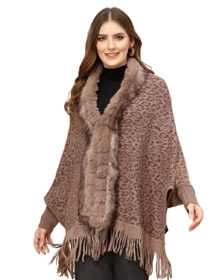mafadeny Women's Animal Print Winter Poncho with Faux Fur Border and Fringe Brown-picture-51