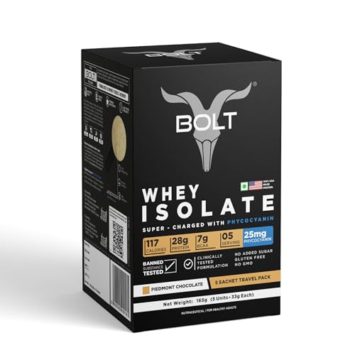 Image of Bolt 100% Whey Protein Isolate Powder | 5 Sachet Travel Pack (5x33g) | Piedmont Chocolate | 28g Protein per Serving | 7g BCAA | Muscle Support & Recovery | No Added Sugar | Gluten-Free | Easy to digest