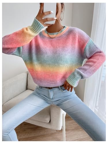 Image of GORGLITTER Women's Rainbow Colorful Sweater Crewneck Long Sleeve Lightweight Pullover Sweater Top Pink Rainbow Medium
