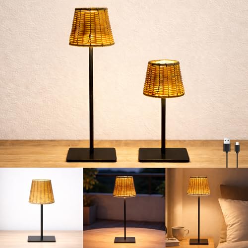 Lazukes 2 Pack Rattan Table Lamp, Rechargeable Small Wicker Lamp Cordless Rattan Lamp Shade with Dimmable LED Portable Woven Bamboo Lamp, Cozy Boho Decor