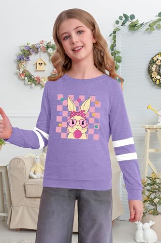 Image of LAZYCHILD Kids Easter Shirt Girls Happy Easter Shirts Rabbit Graphic Long Sleeve Striped Tee Tops 5-14 Years