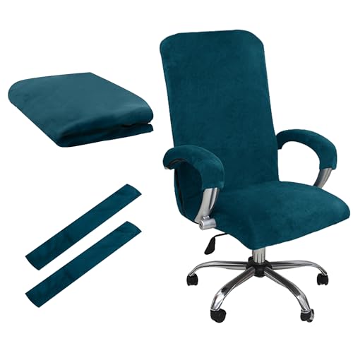 Office Chair Covers, Desk Chair Cover Universal Stretch Velvet Slipcover, Washable Plush Computer Chair Protector with Arm Covers, Thick Swivel Chair Cover for Home Office Furniture (Dark Blue, L)