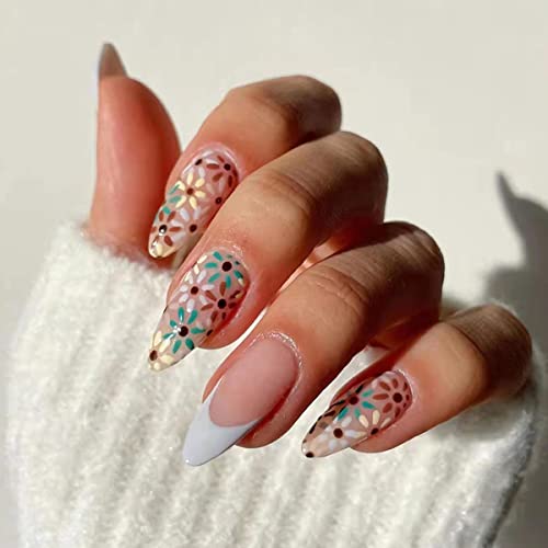 Flower Press on Nails Medium White French Tip Fake Nails Short Almond Press on Nails with Small Daisy Design False Nails with Glue Acrylic Nails Press on Full Cover Artificial Nails for Women 24PCS