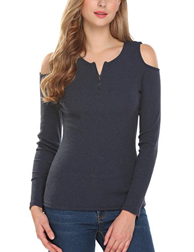 Preisvergleich Produktbild Modfine Damen Elegantes Langarmshirt Bluse Sweatshirt Schulterfreies Oberteil mit Reißverschluss Vorne 4 Farben