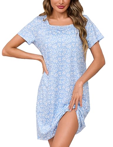 Litherday Nachthemd Damen Kurzarm Baumwolle Schlafshirt Kruz Sommer Spitze Nachtwäsche Blumenmuster Nachtkleid Weich Sleepshirt