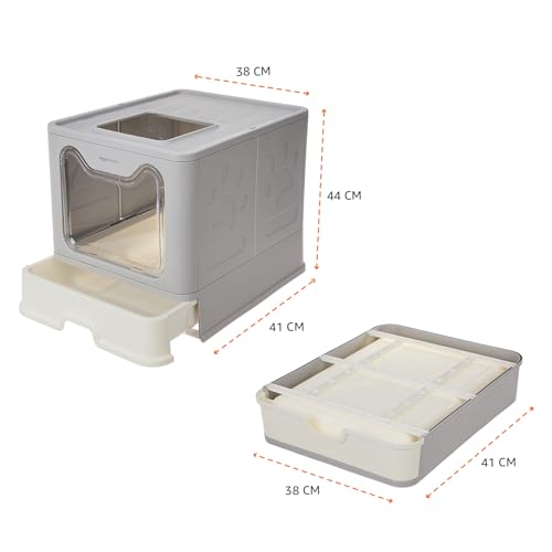 Image of Amazon Basics Foldable Covered Cat Litter Box with Anti-Spill Tray | Easy Cleaning | Spacious Design | Top and Side Openings | White | 44L x 41w x 38H cm