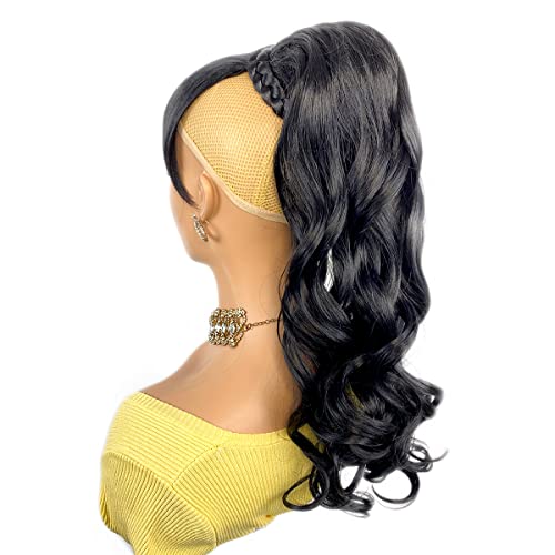 VAVANGA 18inch Loose Deep Curly Ponytail with Bangs, Synthetic Ponytail & Swoop Quick Pony Bang Hair Piece Attached Ponytail Clip in Hair Extension for Black Women(18 Inch, 1B#-JS1621) — view 6