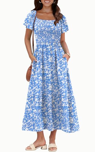 Image of OFEEFAN Summer Dresses for Women Square Neck Ruffle Sleeve Smocked Maxi Dress with Pockets