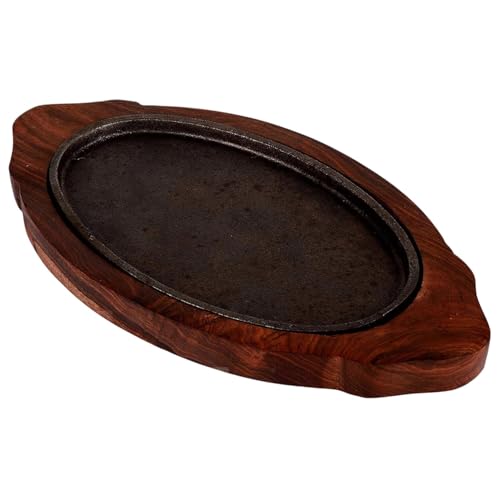 Image of REMARKABLE Iron Sizzler Plate with Wooden Base | Dessert Ovel Serving Platter with Handles | Brownie Sizzler Tray for Cake | Sizzling Brownie Plate | Hot Sizzling Plate | 13 inch | Set of 1