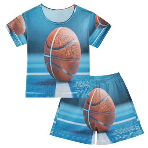 ALAZA Basketball Blue Pajamas Set Short Sleeve Cotton Sleepwear Summer Pjs 2 Piece 5-14Y