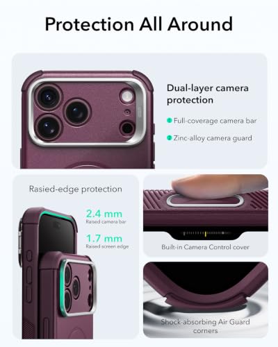 Image of ESR for iPhone 17 Pro Max Case Flex Stand, for MagSafe, Rugged, Burgundy | Camera Control, 7X Military-Grade Drop Protection, Magnetic Phone Case, Shock-Absorbing Rugged Cover, Dustproof Port Cover