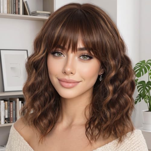 Image of AISI HAIR Bob Curly Wig with Bangs Short Wavy Wigs for Women