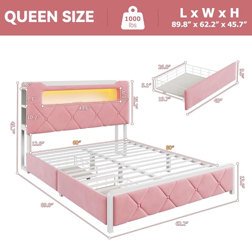Image of Queen Upholstered LED Bed Frame with 2 Storage Drawers and 2-Tier Storage Headboard,Velvet Princess Platform Bed with Charging Station & Bookcase,Heavy Duty Metal Support,No Box Spring Needed,Pink