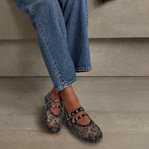 Image of Gothictor Women's Mesh Ballet Flats Round Toe Leopard Mary Jane Shoes Women | Cushioned Comfort, Easy to Style, Buckle Strap, Cheetah Print, Ballerina, Breathable, Wide Width, Non-Slip, Dressy Casual