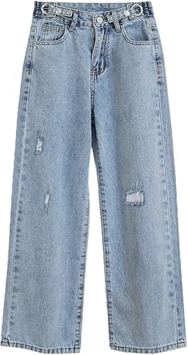 SANGTREE Girls Wide Leg Jeans Elastic Waist Denim Pants Baggy Jeans for Girls,Blue-Ripped，13-14 Years = Tag 1702