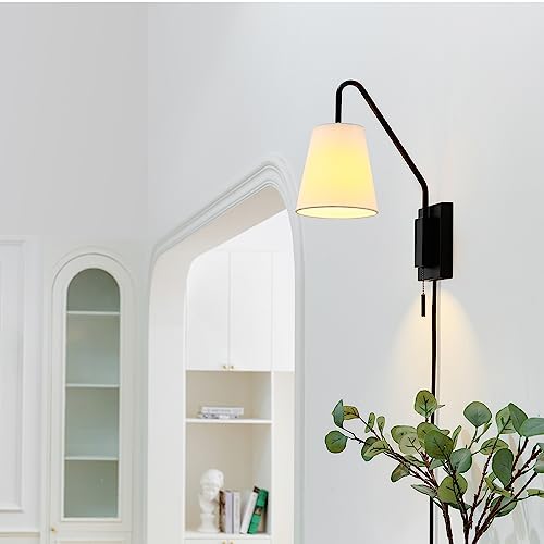 Image of Globe Electric 1-Light Matte Black Swing Arm Plug-in or Hardwire Wall Sconce with White Fabric Shade
