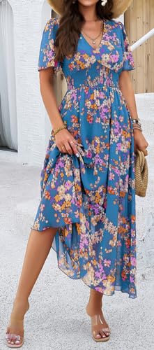 Image of Sister Amy Women's Boho Floral Print Square Neck Beach Party Flowy Ruffle Midi Dress