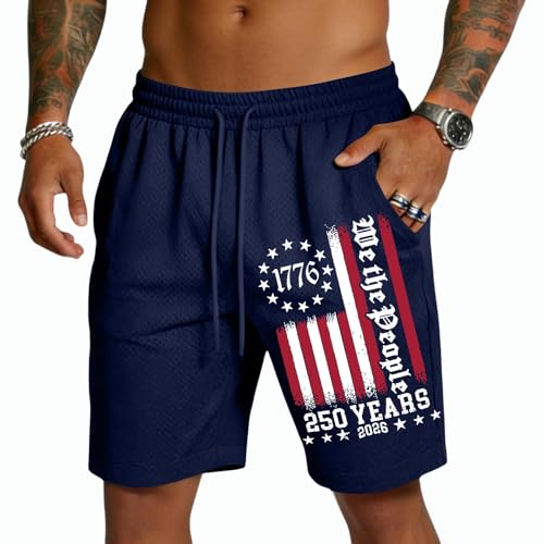 JWNYJFB 250 Anniversary USA Shorts Man Patriotic Plus Size 4th of July Shorts Lightweight Pants with Pockets Fashion 1776-2026 Clothing Casual Summer Clothes Independence Day Gifts Navy 3XL