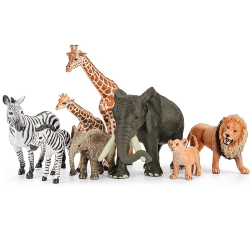 THINKBAY 8PCS Safari Zoo Animals Figurines Toys, Realistic Plastic Jungle Animal Figures, Includes Lion,Elephant,Giraffe,Zebra, African Wild Animals, Educational Learning Playset for Kids