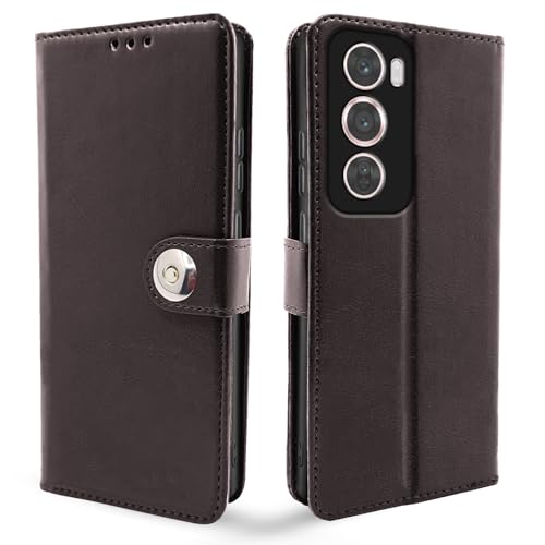 Image of Pikkme Flip Cover Leather Finish | Inside TPU with Card Pockets | Wallet Stand and Shock Proof | Complete Protection Button Flip Case for Oppo Reno 12 Pro 5G (Coffee)