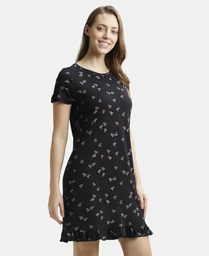 Image of Jockey RX25 Women Micro Modal Cotton Ruffled Hem Styled Half Sleeve Printed Sleep Dress (Colors & Prints May Vary)