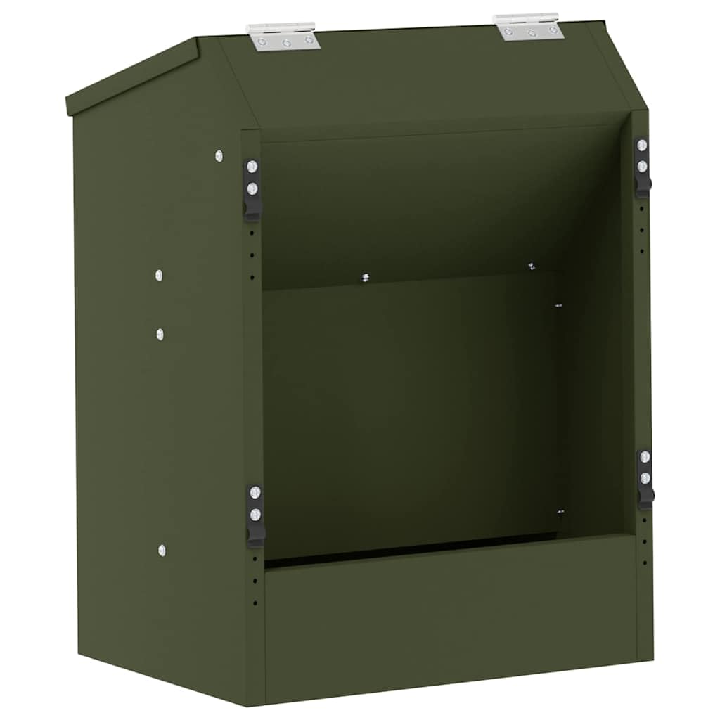 Moderner Kaninchenfutterautomat aus Stahl in Olivgrün – Robuster Kleintierfütterer für drinnen und draußen, 33,5 x 25,5 x 45,5 cm