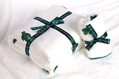 49×28 7X Powerful Absorbency Super Soft Microfiber Bath & Beach Towel + Washcloth Set for Baby Girls Boys Unisex Infant Newborn Sensitive Skin Ultra Absorbent Natural White Color Cute Green Cactus