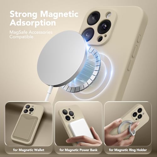 Image of Magnetic for iPhone 15 Pro Max Case, Compatible with MagSafe, [Full Camera Protection][Screen Protector] Silicone Shockproof Protective Phone Case for iPhone 15 Pro Max 6.7 inch, Khaki