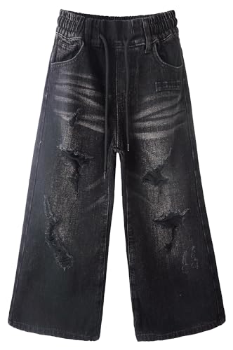KIDSCOOL SPACE Girls Ripped Denim Pants, 5-14T Wide-Leg Loose Elastic Waist with String Baggy Jeans