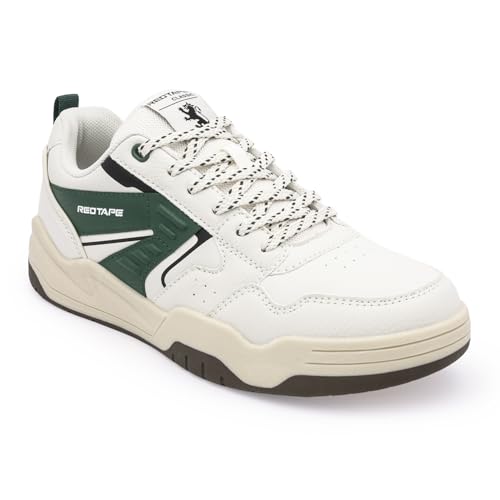 Image of Red Tape Men's Sneakers Beige Green Pu Round Toe Lace-Up Responsive Sole