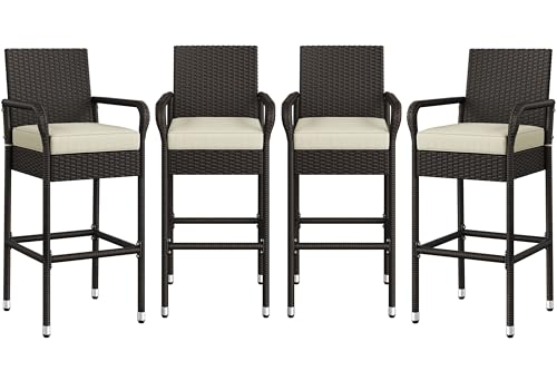 Yaheetech Outdoor Bar Stools Set of 4 Patio Wicker Chairs with Armrests Footrests Cushion for Porch Garden Balcony Backyard Brown/Beige