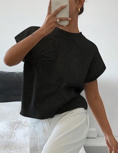 Image of 2026 Womens Floral Sweater Vest Cute Cap Sleeve Tops 3D Flower Decor Knit Tank Top Loose Spring Fall Summer Clothes