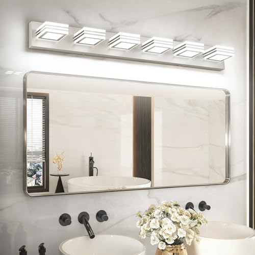 Image of SOLFART Modern LED Vanity Lights Fixtures: 6 Lights Acrylic LED Brushed Nickel Vanity Lights for Bathroom 39inch