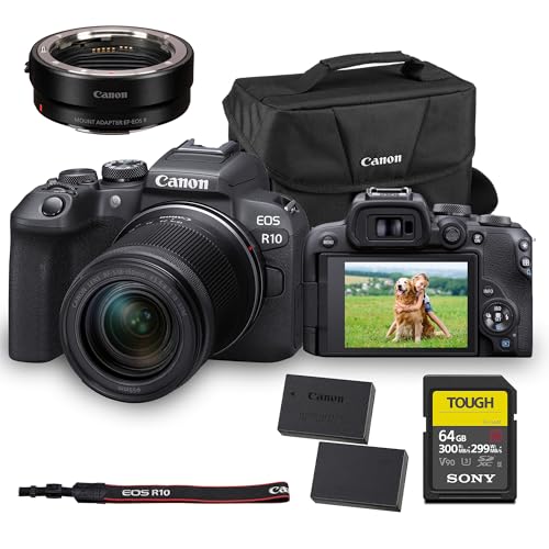 Canon EOS R10 Mirrorless Camera with RF-S 18-150mm Lens &ndash; 24.2MP APS-C Sensor, 4K 60p Video, Dual Pixel AF II, Compact Travel-Friendly Design (5331C016) + Adapter EF-EOS R + 64GB Card + More
