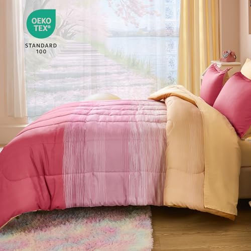 Image of Dinjoy Girls Comforter Set Twin Size 5 Pieces Bed in A Bag Colorful Ombre Pink Yellow Rainbow Bedding Set for Kids Teen (1 Comforter, 1 Flat Sheet, 1 Fitted Sheet, 1 Pillow sham, 1 Pillowcases)