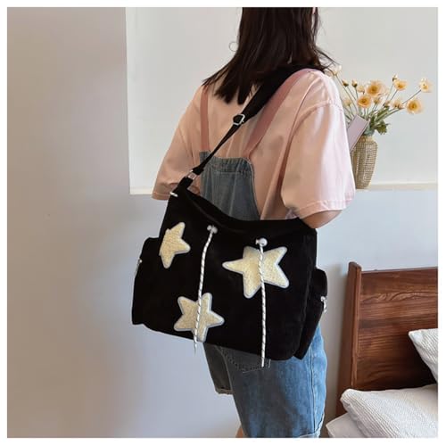 Image of Y2K Star Hobo Bag for Women - Corduroy Drawstring Crossbody Bag, Aesthetic Travel Shoulder Tote (Black)