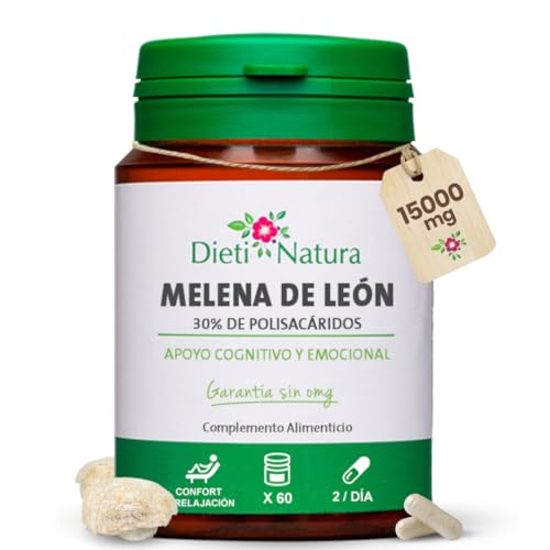 DIETI NATURA Melena de León Alta Potencia 15000mg (Extracto 30:1) - Nootrópico Natural Lions Mane (Hericium Erinaceus) - 30% Polisacáridos - 60 Cápsulas Veganas