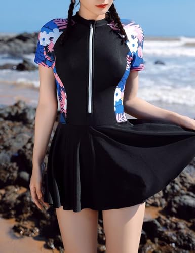 Image of JadeRich Girls' One Piece Floral Skirted Swimsuit Zipper Front Short Sleeve Rash Guard Swim Dress for Teenagers