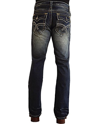 Stetson Men's Rocker Fit with Lower Rise and Slightly Fitted Thigh Jean,Medium Blue Stone Wash with Flap Back Pockets and Contrast Embroidery, 42x40