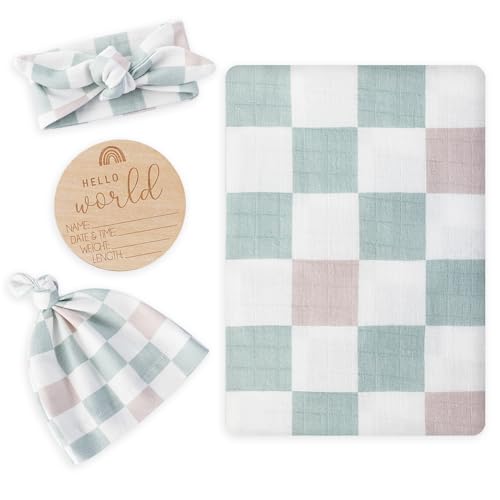 Image of BabyWhale Muslin Swaddle Blanket with Hat and Headband Bow, Checkered Print Swaddle Set for Baby Boys & Girls, Unisex Soft Receiving Blanket Wrap, Green Grey Checkered, 47x47 inches